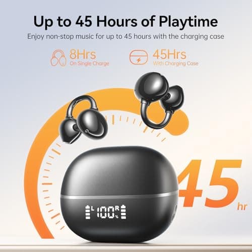 Kinglucky ClipFree A20 Open-Ear Earbuds, Secure & Comfort Fit, Premium Sound Clip-On Earbuds with Digital Display, 45H Playtime Bluetooth 6.0 Wireless Headphones, IP55 Waterproof for Running, Black - Thumbnail 5
