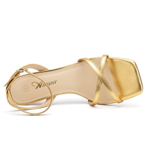Athlefit Gold Kitten Heels for Women Square Open Toe Strappy Heeled Sandals Ankle Strap Party Dress High Heels for Prom Wedding Size 5.5 - Thumbnail 5