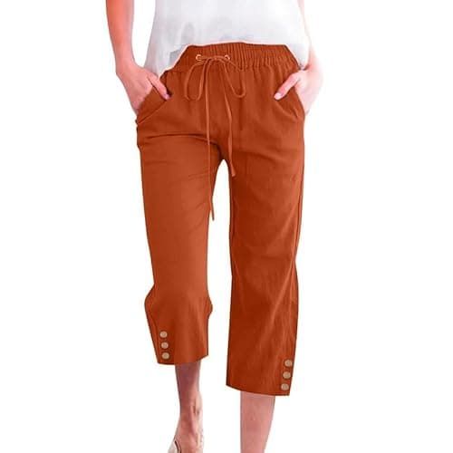 WROLEM Womens Capris Pants High Waist Drawstring Comfy Casual Pants Lightweight Trousers Buttons with Pockets 55-Brick-Red XX-Large - Image 1