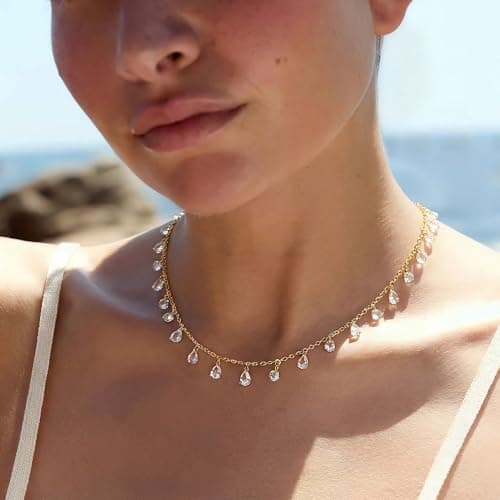 MTMY Gold Choker Necklace for Women 14K Gold Plated Cubic Zirconia Cross Heart Shell Teardrop Charm Station Choker Necklace Dainty CZ Chain Necklaces for Women Trendy Summer Jewelry Gifts(Drop) - Thumbnail 4