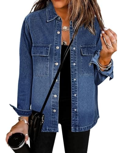 luvamia 2025 Spring Jean Jackets for Women Fashion Oversized Button Down Denim Jacket Western Shacket with Pockets Classic Blue Size Large US Size 12 14 - Image 1