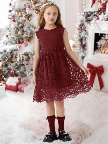 ALLOVIN Girls & Toddlers Sleeveless A-Line Lace Party Dress Birthday Wedding & Flower Girl Dress with Beaded Bowknot | Burgundy | 8-9Y - Thumbnail 5