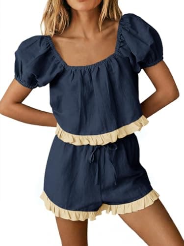 Tankaneo Womens 2 Piece Short Sets Summer Puff Sleeve Square Neck Babydoll Tops Cute Lounge Set Cotton Vacation Outfits - Image 1