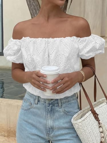 PRETTYGARDEN Women's Summer Off The Shoulder Tops 2026 Dressy Casual Puff Short Sleeve Embroidered Eyelet Cute Blouse Shirts(White,X-Large) - Thumbnail 5