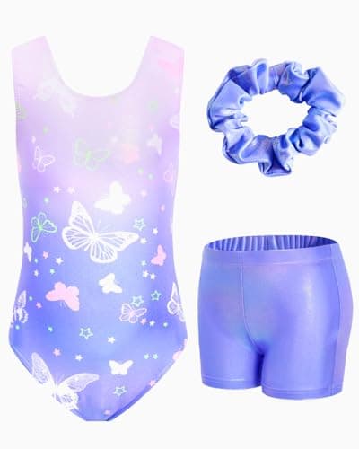 JiAmy Gymnastics Leotards for Girls, Sleeveless Sparkly Dance Biketards with Shorts Ballet Tumbling Outfit Purple Butterfly 9-10 Years - Image 1