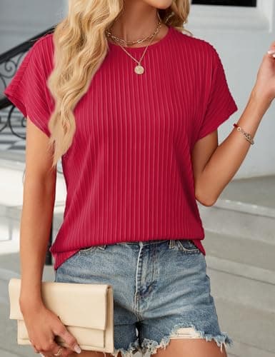 JUSTFASHIONNOW Womens Short Sleeve Blouses Business Casual Tops Crew Neck Basic Tees Textured Work Shirts Cute Office Outfits (Red,L) - Thumbnail 3