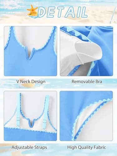 AMAWMW Girls Swimsuit One Piece Swimsuits Contrast Color V-Neck Bathing Suit Adjustable Straps Kids Swimwear Sky Blue 7-8Y - Thumbnail 5