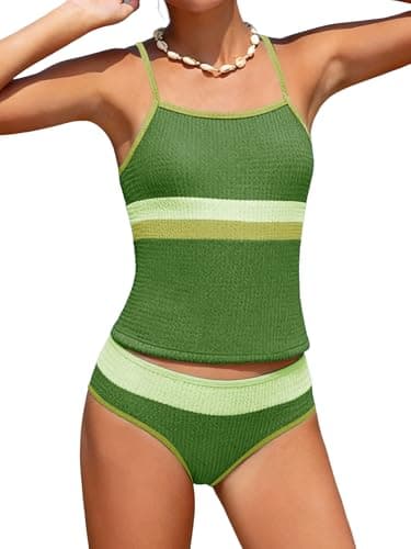 AMAWMW Girls Swimsuit Color Block Tankini Swimsuit Two Piece Bathing Suit with Chest Pad Swimwear for Girls 7-16Y, Dark Green, 9-10Y - Image 1