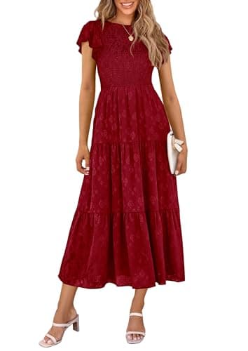 PRETTYGARDEN Midi Dresses for Women 2026 Summer Floral Cap Sleeve Smocked A Line Long Elegant Spring Wedding Guest Dress (Red,Small) - Image 1