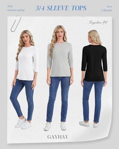 GAYHAY 3 Pack 3/4 Length Sleeve Womens Tops - Loose Fit Cute T Shirts Summer Beach Vacation Clothes Black White Grey 2026 - Thumbnail 2