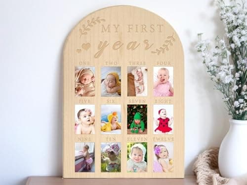 My First Year Photo Board, 12 Months Big Wooden Baby Milestone Display Frame, 1st Birthday Decorations Girl Boy Nursery Keepsake Gift for New Mom, My First Photo Album for Baby