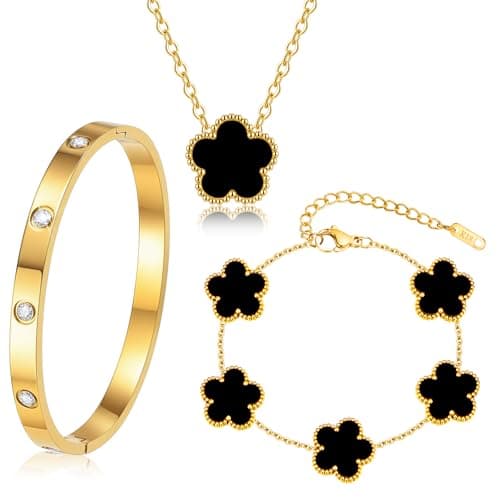 Gold Bracelets Necklace Jewelry Set - 3Pcs 18K Gold Plated Floral Bracelet,Stainless Steel Bangles, Waterproof Non-Tarnish Necklaces Daily Fashion Minimalist Jewelry,Valentines Birthday Gift for Women - Image 1