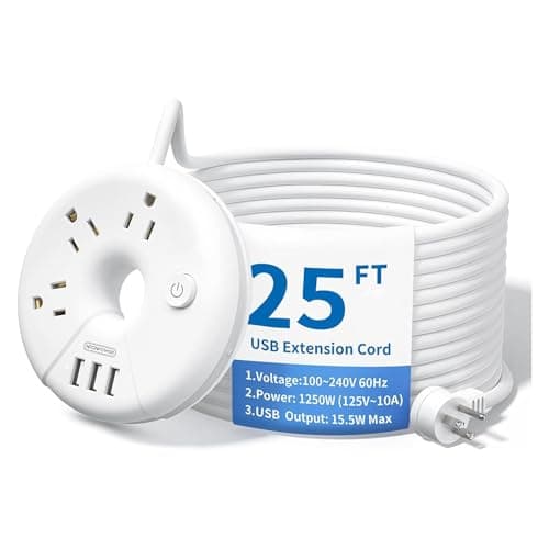 NTONPOWER Extra Long Extension Cord 25 ft, Flat Plug Power Strip with USB Ports, 3 Outlet Desktop Charging Station, Compact Wall Mount, Circuit Breaker, Home, Office, Dorm, Travel, Ideal for Old House