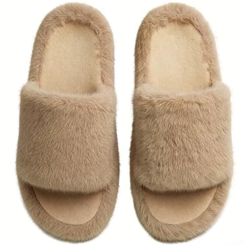 PXPUIQ House Slippers for Women - Fuzzy Slippers with Memory Foam Insole, Arch Support, Faux Fur Lining, Open Toe Design, Lightweight, Non-Slip Sole, Machine Washable, Slip-On Style - Image 1