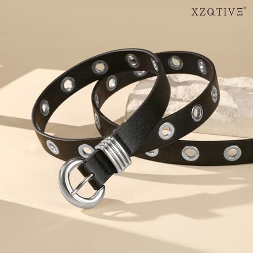 XZQTIVE Women Leather Belt for Jeans Pants Dress Fashion Casual Ladies Waist Belt with Gold Buckle, Black(eyelet-silver) - Thumbnail 3