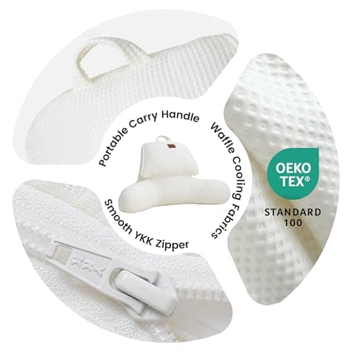 Amélie Home Premium Cooling Waffle Reading Pillow, Qmax>0.37 Ergonomic Back Support with Pocket & Handle, Breathable Lounging Pillow for Bed Sofa Floor Summer, Washable Cover, 17 Inches, Ivory - Thumbnail 6