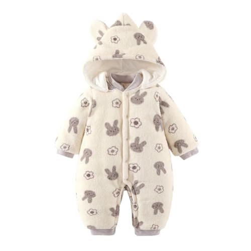 JiAmy Baby Snowsuit Newborn Animal Printed Outfits Infant Baby Fleece Detachable Hat Winter Clothes Jumpsuit Beige Rabbit 6-9 Months