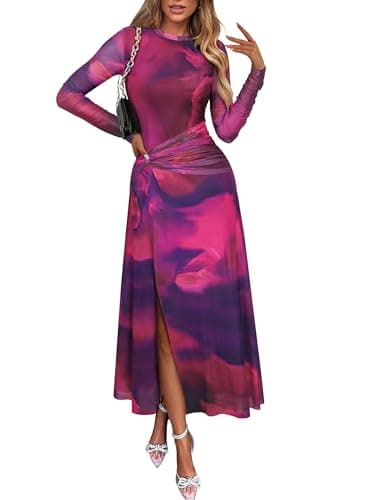 ECOWISH Long Sleeve Midi Formal Dress Women Fall Ruched Bodycon Party Cocktail Club Mesh Dresses Crewneck Floral Tie Dye Slit Purple Floral Large - Image 1