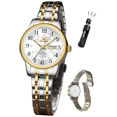OLEVS Watch Women Luxury Stainless Steel Waterproof Small Wrist Large Face Simple Analog Quartz Watches for Women Easy to Read Gold and Silver Two Tone Arabic Numerals Ladies Watches - Image 1