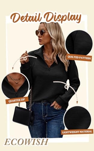 ECOWISH Women Tops Quarter Zip Fall Winter Tunics Casual Oversized Pullover Ribbed Quilted V Neck Collared Outfits Loose 2026 Black Medium - Thumbnail 4