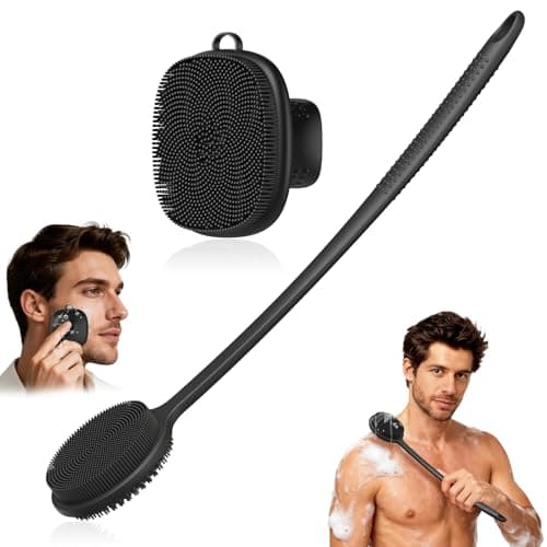 Back Scrubber for Shower & Face Scrubber, 2Pcs Silicone Exfoliating Brush Set with 17In Long Handle, Soft Body & Facial Cleansing Scrubber for Men Women - Image 1