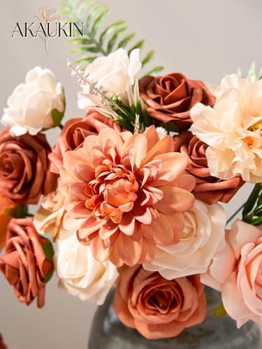 Terracotta Artificial Flowers Burnt Orange Flowers Combo Box Set with Fake Dahlias Roses Peonies Greenery for Wedding Bouquets Bridal Shower Centerpieces DIY Home Decor Baby Shower Thanksgiving Table - Thumbnail 3