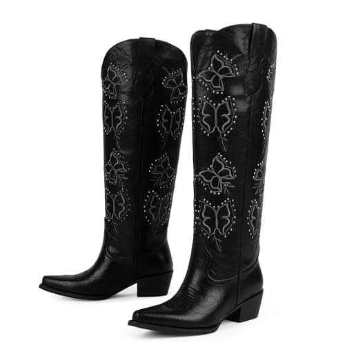 Easyfox Black Cowboy Boots for Women Rhinestone Knee High Cowgirl Boots Chunky Heel Butterfly Embroidered Western Boot Pointed Toe Slip on Block Heel Cow Girl Boot Size 11 - Thumbnail 5