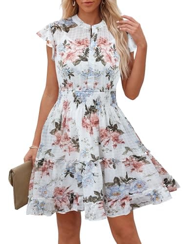 Caracilia Women Summer Casual Floral Flutter Short Sleeve A-Line Flowy Lined Boho Wedding Guest Tea Party Vacation Dresses Floral White Medium - Image 1