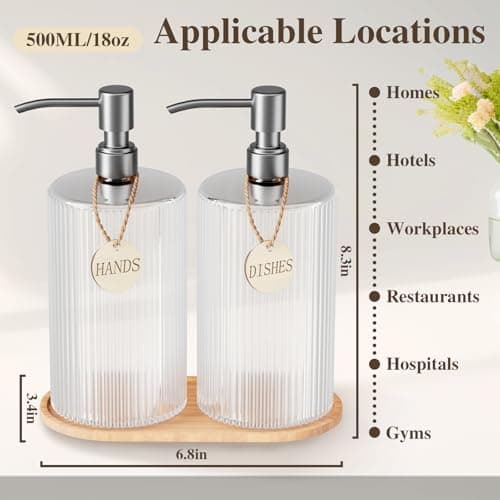 18Oz Soap Dispenser Set with Silver Stainless Steel Pump & Wood Tray - Vertical Stripe Design Refillable for Dish Soap & Hand Soap, Fits Kitchen & Bathroom Countertops - Thumbnail 2