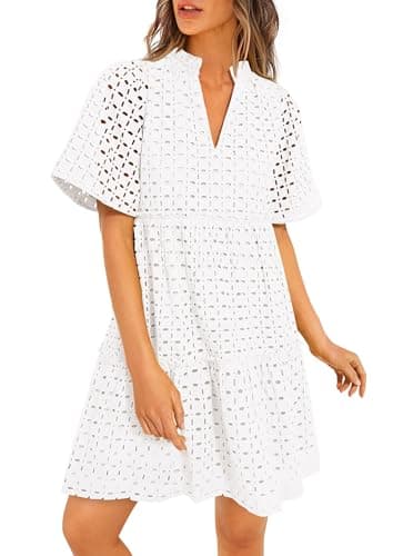 PRETTYGARDEN Eyelet Dresses for Women 2026 Summer Short Sleeve V Neck Hollow Out Ruffle A Line Boho Beach Vacation Mini Dress (White,Small) - Image 1