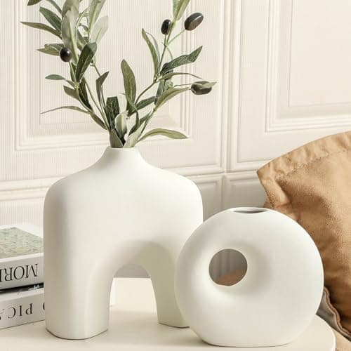 Dobbyby Ceramic Vase Set of 2, Modern Donut Vases for Minimalist Nordic Home Decor, Waterproof Round Vase, Decorative Centerpiece Vases for Living Room, Entryway, Table Decor (02-Matte Cream) - Image 1