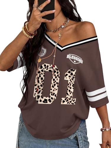 TAKEYAL Women Oversized Football Jersey V Neck Graphic Tees Y2K Summer Womens Tops Trendy X-Large Brown - Image 1