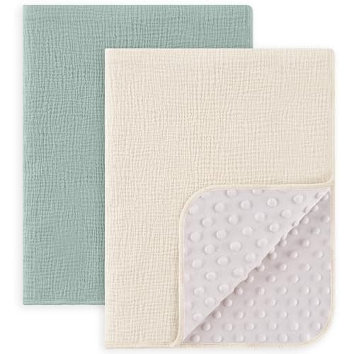 Susurration Baby Blanket for Unisex Boys Girls, 2 Pack Soft Fluffy Crib Blankets with Muslin Cotton Front and Dotted Fleece Back, Receiving Blanket for Baby Newborn Infant, 30x40inch, Green&Cream - Image 1