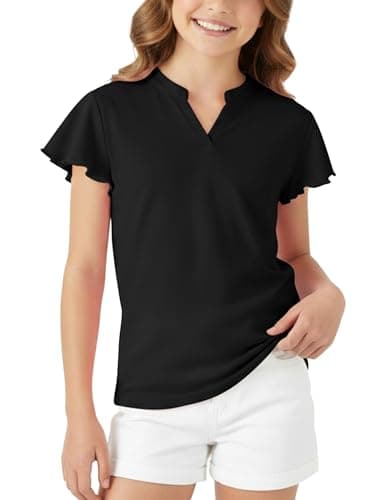 PATPAT Girls Ruffle Short Sleeve Shirts Size 7-8 Years Black Summer V Neck Solid Tee Tops Little Girl Casual Cute Fashion Blouse - Image 1
