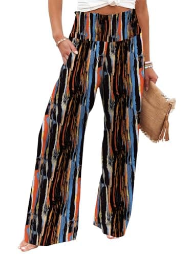 GEMLON Womens Wide Leg Pants High Waisted Palazzo Pants Summer Lounge Trousers Boho Pants with Pockets Black Print M - Image 1