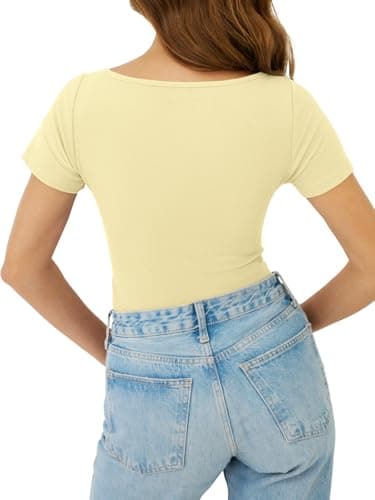 GKBK Boat Neck Tops for Women Ribbed Short Sleeve T-Shirts Slim Fitted Tight Compression Top Soft Y2K Basic Casual Going Out Tops for Spring Summer 2026 Trendy Fashion Outfits Light Yellow - Thumbnail 5
