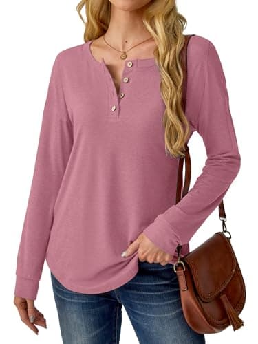 GKBK Womens Henley Tops Long Sleeve Shirts Button Pullover Loose Fit Henley Neck Tunics Dark Pink XXL - Thumbnail 4