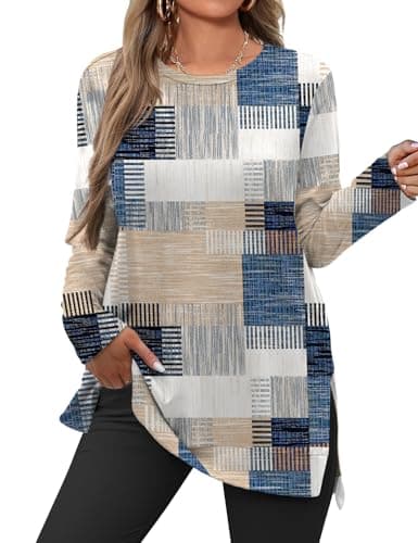 JUSTFASHIONNOW Womens Long Sleeve Tunic Tops to Wear with Leggings Crew Neck Side Split Layering Shirts Loose Fit Long Tops - Image 1