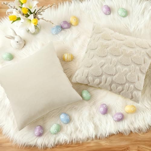decorUhome Easter Bunny Pillow Covers 16x16 Inch Set of 2, Soft Plush Faux Wool Jacquard Beige Rabbit Cushion Covers, Farmhouse Neutral Spring Easter Holiday Decor for Couch Sofa Bed - Thumbnail 5