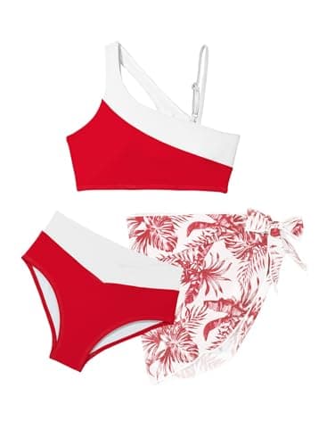 blibean Teens Girl Swimsuits Big Kids Bathing Suit Tween Matching Hollow Colorblock Bikini Sets Three Piece Hawaiian Removable Pad Beach Swimwear Traje De Baño para Niñas Size 14 15 16 Years Red - Image 1