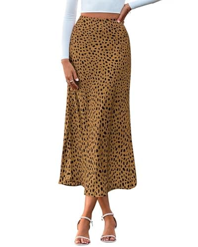 BTFBM Satin Skirts for Women Trendy Spring Summer 2026 High Waisted Leopard Print Cocktail Wedding Long Silk Midi Skirt(Dot Brown Black, X-Large) - Image 1