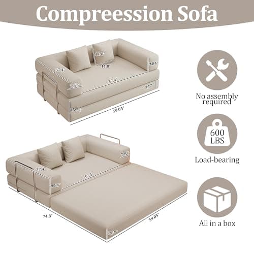 BSHOMGI 4-in-1 Foldable Sofa Bed Teddy Fabric Foam-Filled Compressed Couch, Convertible Loveseat Sofa, Boneless FoldingSleeper for Living Room, Guest Bed, Playroom (Beige, 59” 2 Seat) - Thumbnail 2