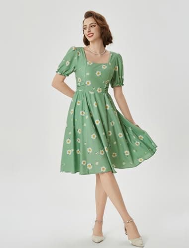Belle Poque Green Daisy Vintage Elegant Milkmaid Wedding Guest Dress 2026 Summer Square Neck Puff Sleeve Sun Dress XXL - Thumbnail 2