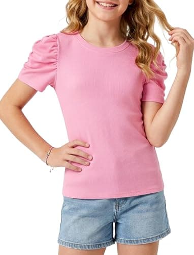 PATPAT Girls T Shirts Size 6-7 Years Pink Puff Short Sleeve Crewneck Solid Knit Tee Tops Little Girl Summer Casual Cute Preppy Tunic Blouses - Image 1