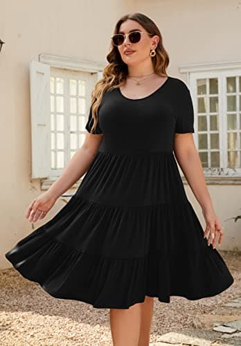 Younrui Plus Size Casual Black Dresses for Women Short Sleeve Scoop Neck Ruffle Babydoll Dress Boho Midi Sundress (3XL-1001-Black) - Thumbnail 4