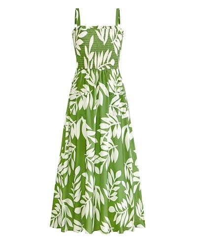 PRETTYGARDEN Womens Summer Dresses 2026 Casual Spaghetti Strap Ruffle Smocked Flowy Floral Spring Maxi Dress with Pocket(Leaves Light Green,Large) - Image 1