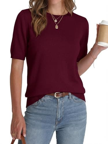BTFBM Short Sleeve Sweater for Women Spring Tops Crew Neck Lightweight Pullover Loose Dressy Casual Blouse Basic Clothes(Burgundy, Medium) - Image 1