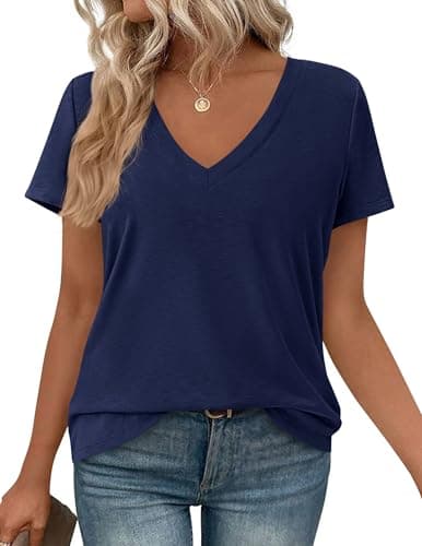 PRETTYGARDEN Womens Tops Short Sleeve Oversized Tshirts Shirts 2026 Summer Casual V Neck Loose Basic Tees Spring Tunic Blouse (Navy Blue,XX-Large) - Image 1