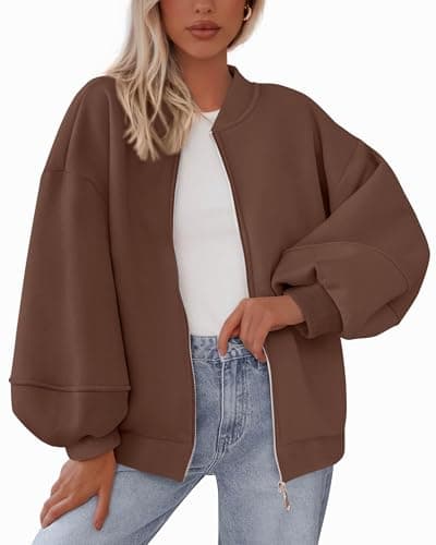 KIRUNDO Oversized Sweatshirt for Women Zip Up Bomber Jacket 2026 Fall Fashion Casual Long Sleeve Outerwear Winter Outfits(Dark Brown, Small) - Image 1