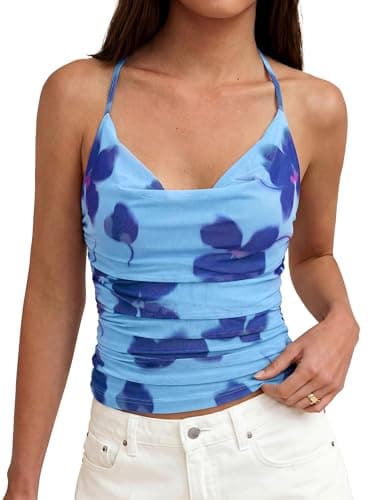 MASCOMODA Summer Floral Cowl Neck Halter Tops for Women Trendy Going Out Sexy Boho Mesh Backless Cute Y2k Vaction Outfits(Light Blue Blue Flower,Medium) - Image 1